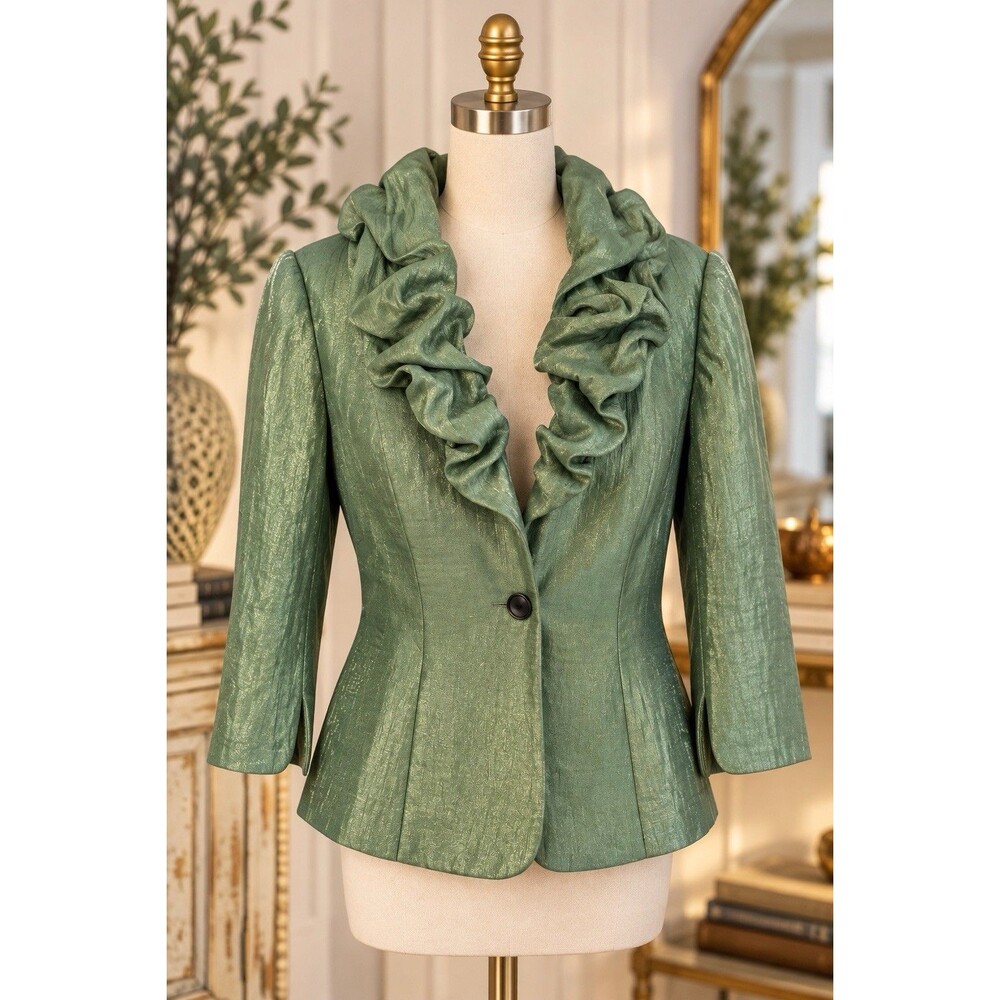 Adrianna Papell Evening Essentials Sage Green Shimmer Ruffle Blazer Jacket 12